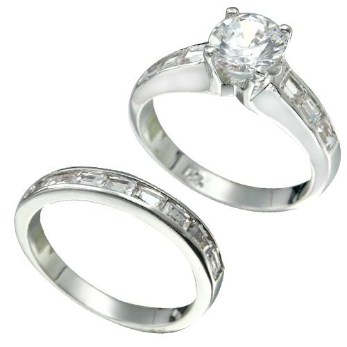 Rhodium Plated Sterling Silver Brilliant CZ Bridal Ring Set (any size)