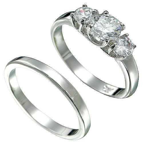 Rhodium Plated Brilliant CZ Bridal Ring Set K30 (any size)