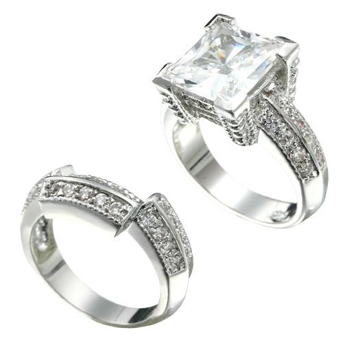 Rhodium Plated Princess Cut CZ Bridal Ring Set (any size)