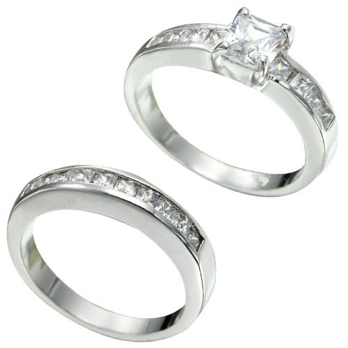 Rhodium Plated Princess Cut CZ Bridal Ring Set (any size)