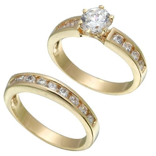 Yellow Gold Plated Brilliant CZ Bridal Ring Set (any size)