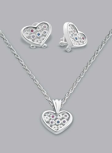 Silver Laminated Inner Stone Heart Necklace Set
