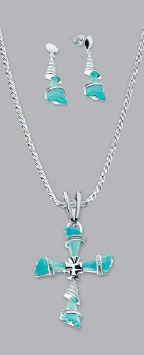 Silver Laminate Aqua Cross Necklace Set