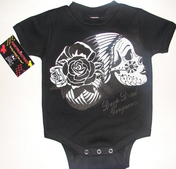 NEW BLACK PUNKY TATTOO STYLE ONESIE OR TEE OF A LADY SKULL WITH WORDING "DROP DEAD GEORGEOUS