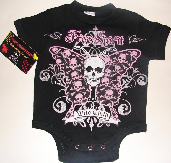 NEW BLACK PUNKY GOTHIC STYLE ONESIE OR TODDLER TEEO OF BUTTERFLY WITH WORDING "WILD CHILD"