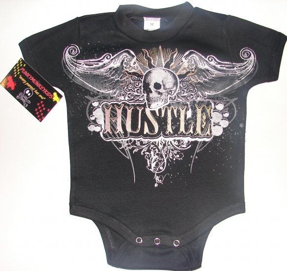 NEW BLACK PUNKY TATTOO STYLE ONESIE OR TODDLER TEE OF A SKULL WITH WINGS "HUSTLE"