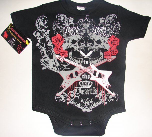 NEW BLACK TATTOO STYLE ONESIE OR TODDLER TEE OF SKULLS, ROSES AND GUITARS "ROCK n ROLL"