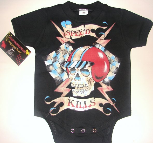 NEW BLACK PUNKY TATTOO STYLE ONESIE OR TODDLER TEE OF A RACING HELMET WITH WORDING "SPEED KILLS"