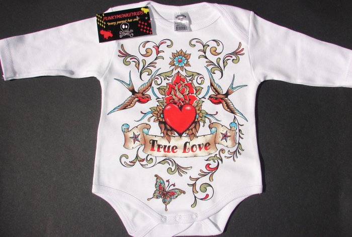 NEW WHITE LONG SLEEVE TATTOO STYLE ONESIE OF SPARROWS AND HEART "TRUE LOVE"