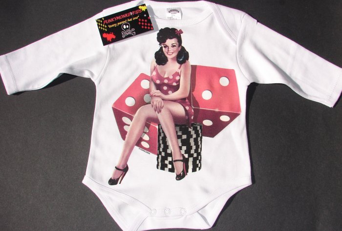 NEW WHITE LONG SLEEVE ROCKABILLY STYLE ONESIES PIN UP GIRL