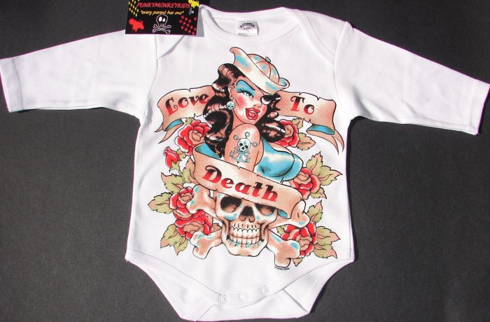 NEW WHITE LONG SLEEVE PUNKY TATTOO STYLE ONESIE OF A LADY SAILOR WITH WORDING "LOVE TO DEATH"