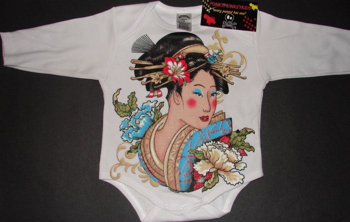 NEW WHITE LONG SLEEVE TATTOO STYLE ONESIE OF A JAPANESE GEISHA GIRL