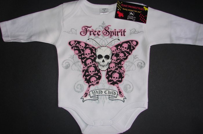 NEW WHITE LONG SLEEVE GOTHIC PUNKY ONESIE OF A BUTTERFLY WITH WORDING "WILD CHILD"