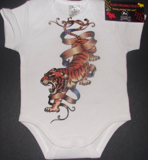 NEW WHITE SHORT SLEEVE TATTOO STYLE ONESIE OR TODDLER TEE OF A FULL TIGER & BANNER