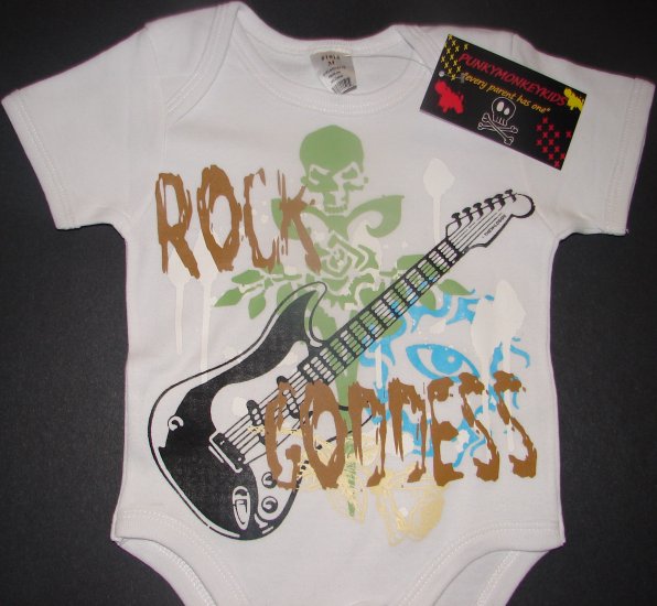 NEW WHITE SHORT SLEEVE ROCKER STYLE ONESIE OR TODDLER TEE OF A GUITAR "ROCK GODDESS"