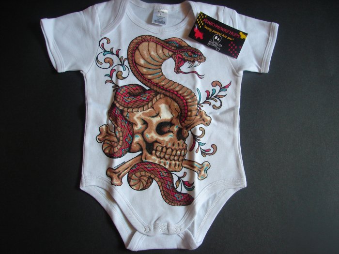 NEW WHITE SHORT SLEEVE TATTOO STYLE ONESIE OR TODDLER TEE OF A SNAKE AND SKULL