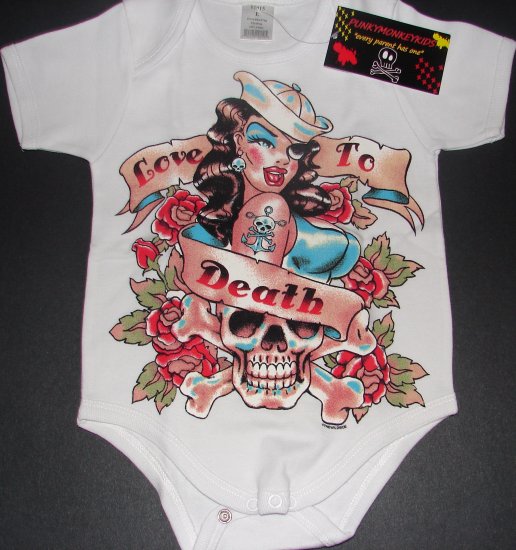 NEW WHITE SHORT SLEEVE TATTOO STYLE ONESIE OR TODDLER TEE OF A SAILOR GIRL "LOVE TO DEATH"