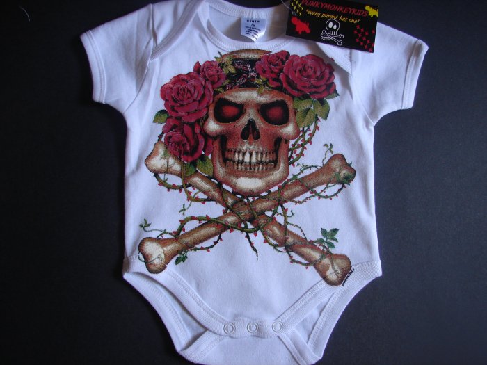 NEW WHITE SHORT SLEEVE ONSIE OR TODDLER TEE OF A SKULL WITH HEADBAND AND ROSES