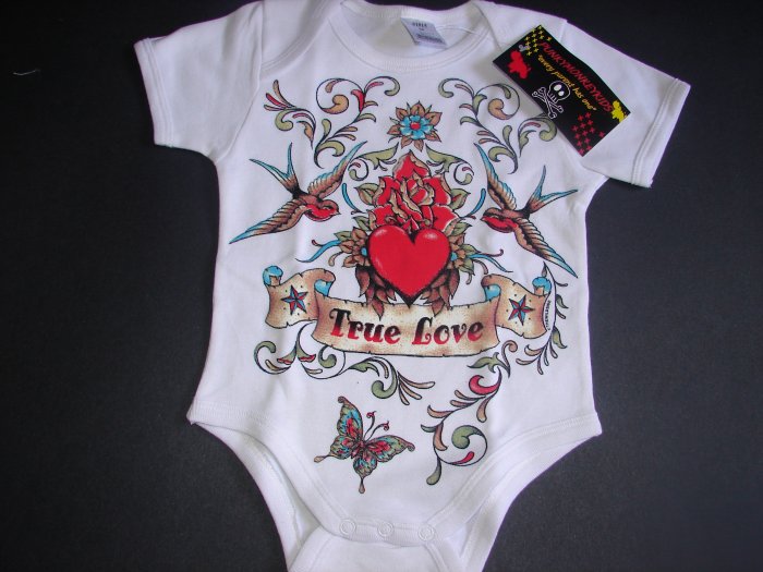 NEW WHITE SHORT SLEEVE TATTOO STYLE ONESIE OR TODDLER TEE OF SPARROWS AND HEART "TRUE LOVE"