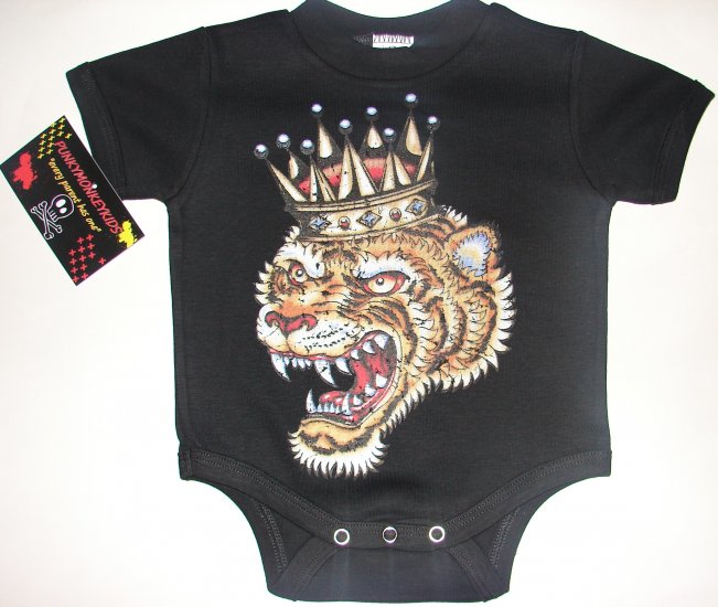 NEW BLACK PUNKY TATTOO STYLE ONESIE OR TODDLER TEE OF A TIGER WITH CROWN