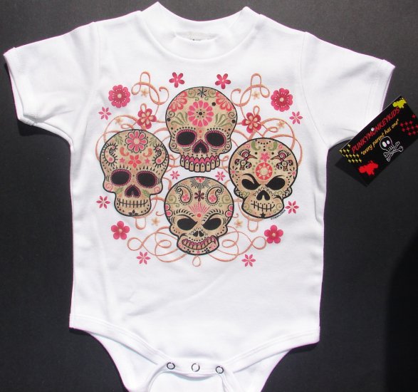 NEW WHITE SHORT SLEEVE TATTOO ONESIE OR TODDLER TEE OF 4 SKULLS