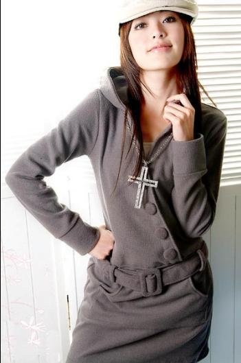 Grey Long sleeve topcoat dress with hipster belt (Item no. X08121658-2)