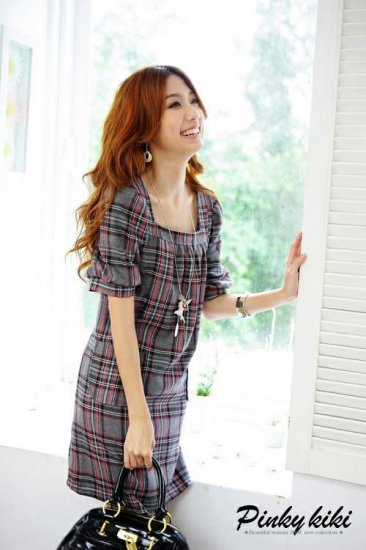 Cute Grey Short Sleeve Checked Dress (Item no. P09010416)