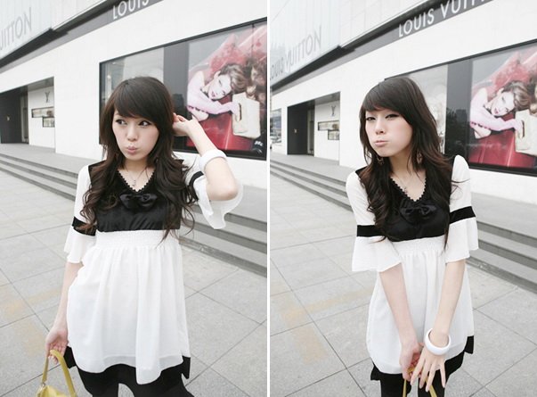 Black & White Chiffon Baby Doll Short Dress With Bell Sleeves (Item no. C0808093)