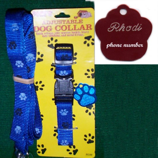 Engraved Blue Paw Dog Tag with matching collar & leash