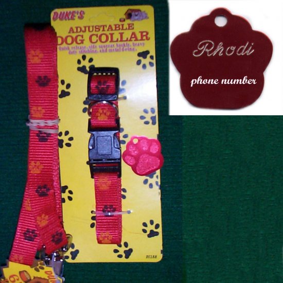 Engraved Red Paw Dog Tag with matching collar & leash