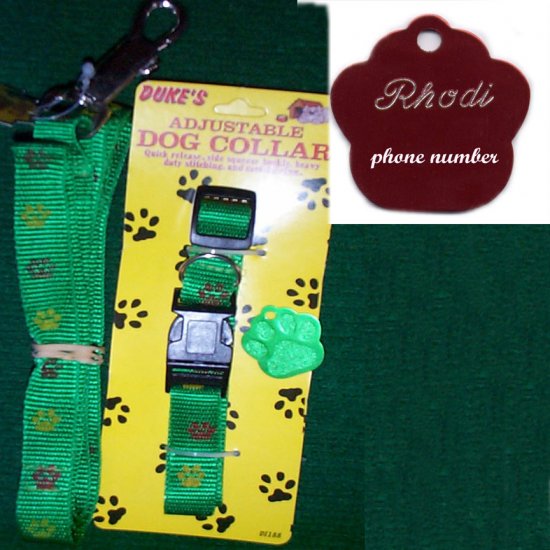 Engraved Green Paw Dog Tag with matching collar & leash