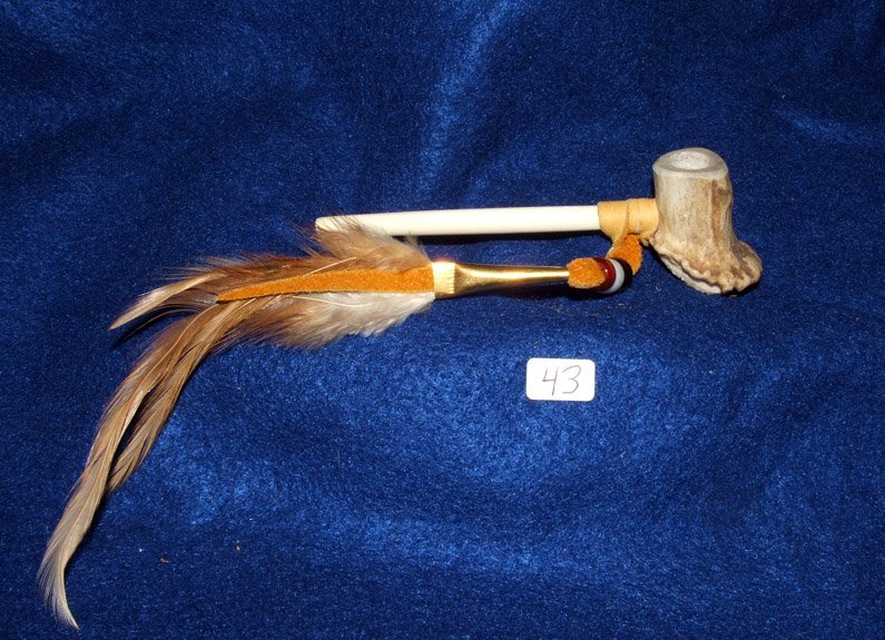 4.5" Antler Bowl Pipe w/ Bone Hairpipe Pipe Stem Native American made #43