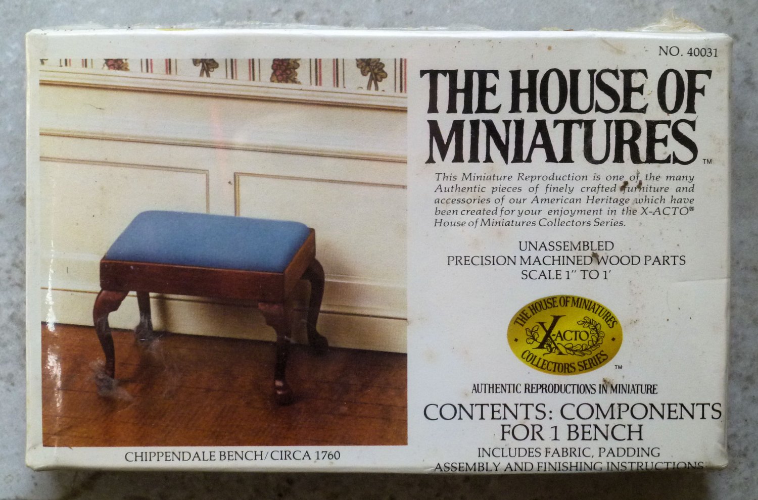 Xacto House of Miniatures Kit Chippendale blue Bench 40031 1980 1" Scale