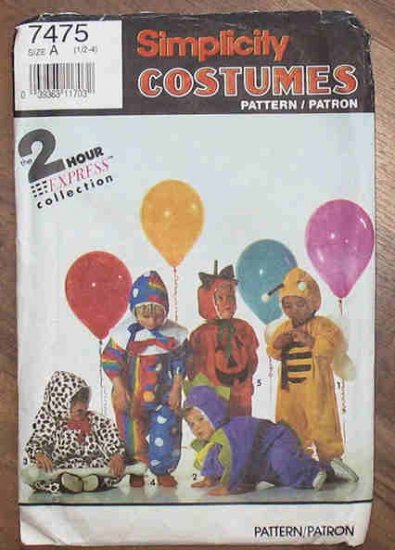 Simplicity 2 Hr Pattern 7475 Toddler Costumes Size A 1991 NIP