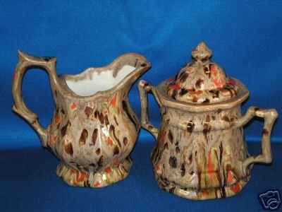 LARGE BROWN CREAMER AND COVERED SUGAR BOWL AS SHOWN