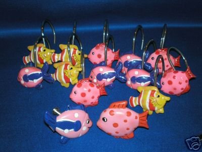 COLORFUL FANCY FISH SHOWER CURTAIN HOOKS AND PULL KNOBS