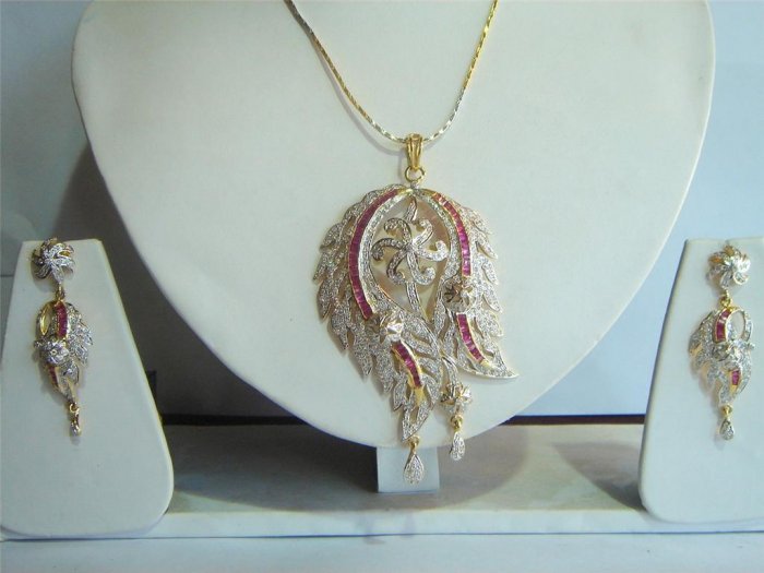 indian designer handmade twotone cz pendant earing jewelery set