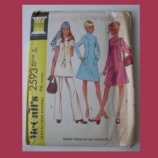 McCall's Vintage Sewing Pattern, #2593, Size 8, 1970, Misses Dress or Top and Pants