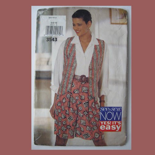 Butterick Vintage Sewing Pattern, #3543, Size A (6-8-10), See & Sew, Misses Vest & Shorts