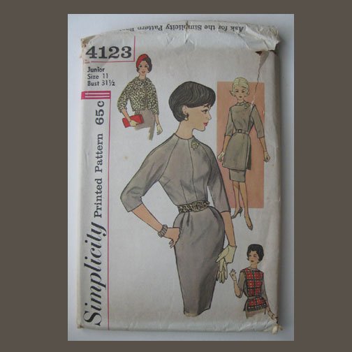 Simplicity Vintage Sewing Pattern, #4123, Size 11, Juniors' One-piece Dress, Tunic & Jacket