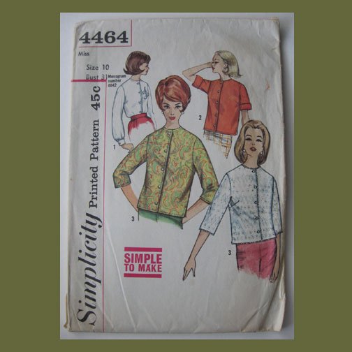 Simplicity Vintage Sewing Pattern, #4464, Size 10, Misses Blouse, Simple to Make
