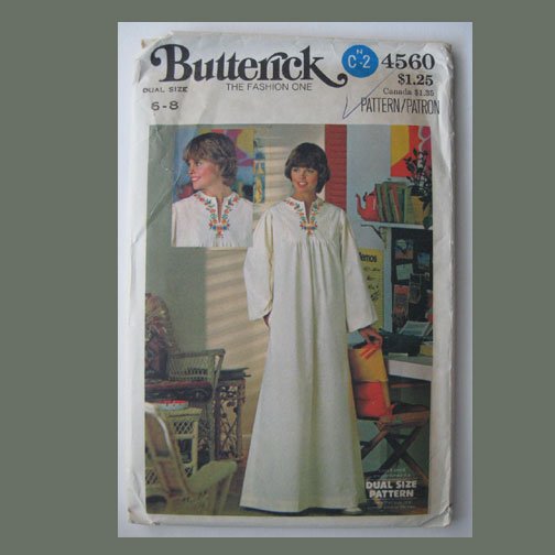 Butterick Vintage Sewing Pattern, #4560, Dual Size 6-8, Misses' Caftan, 4-color transfer