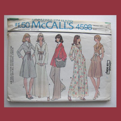 McCall's Vintage Sewing Pattern, #4598, Size 8, 1975, Misses Dress,Top,Pants