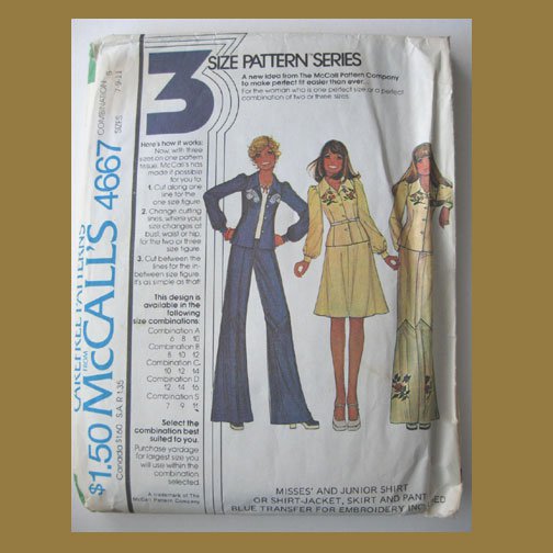 McCall's Vintage Sewing Pattern, #4667, Size S (7-9-11), 1975, Junior Shirt,Jacket,Skirt & Pants