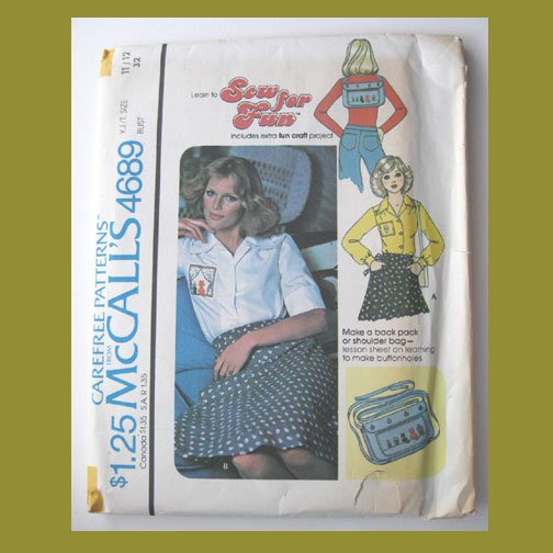 McCall's Vintage Sewing Pattern, #4689, Size 11/12, 1975,Blouse with Backpack or Shoulder bag