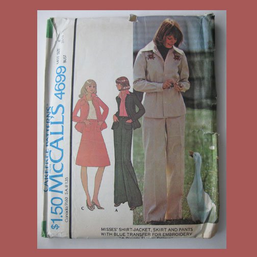McCall's Vintage Sewing Pattern, #4699, Size 8, 1975,Shirt-Jacket,Skirt & Pants