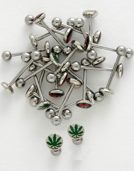 316 STAINLESS STEEL FLAT TOP 14 GAUGE GREEN POT LEAF TONGUE RING