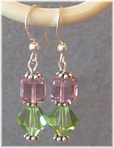 Green Cubes & Pink Bicones Swarovski Crystal Earrings with Sterling Silver