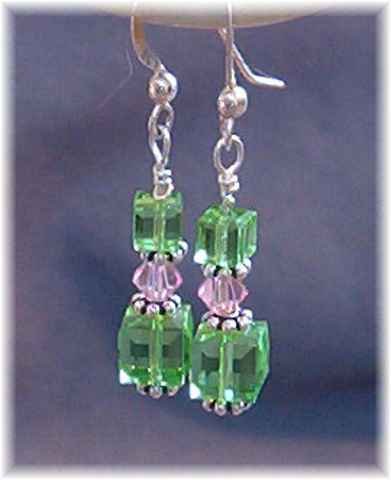 Green & Pink Swarovski Crystal & Sterling Silver Earrings