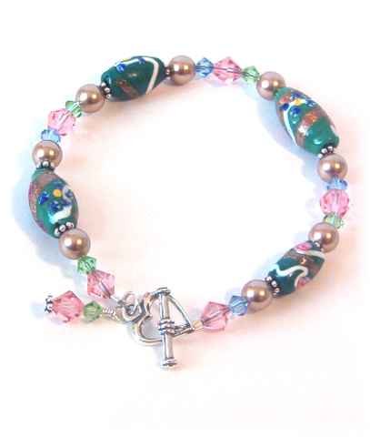 Green & Pink Vintage Venetian Glass & Swarovski Crystal Bracelet